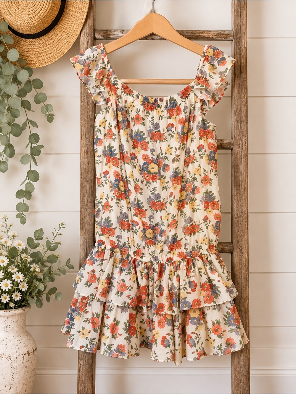 Ralph Lauren Girls Floral Dress Ruffle Sleeve Tiered Skirt Cottagecore - Picture 1 of 5